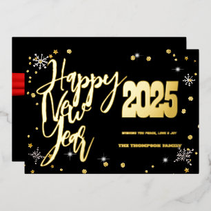 Tarjeta Festiva Con Relieve Metalizado Feliz Año Nuevo 2025 Cinta Roja Retro