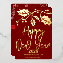Tarjeta Festiva Con Relieve Metalizado Feliz Año Nuevo 2026, cinta roja