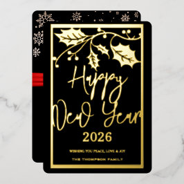 Tarjeta Festiva Con Relieve Metalizado Feliz Año Nuevo 2026, cinta roja