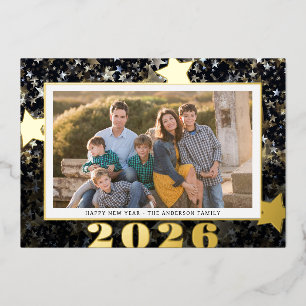 Tarjeta Festiva Con Relieve Metalizado Feliz Año Nuevo 2026 Estrellas Confeti Foto