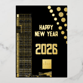 Tarjeta Festiva Con Relieve Metalizado Feliz año nuevo 2026 logotipo cuadrado urbano empr
