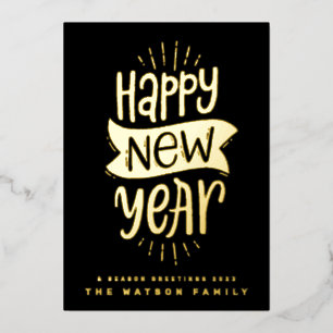 Tarjeta Festiva Con Relieve Metalizado FELIZ AÑO NUEVO 2026 Personalizado Negocio Oro