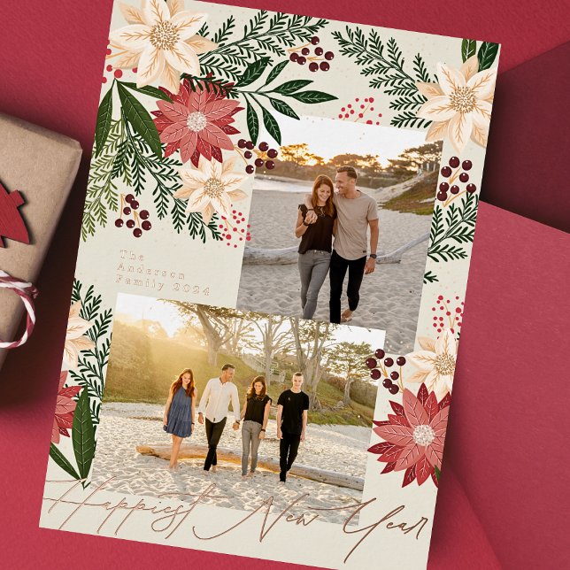 Tarjeta Festiva Con Relieve Metalizado Feliz Año Nuevo 2026 Poinsettia Multi Photo (Subido por el creador)