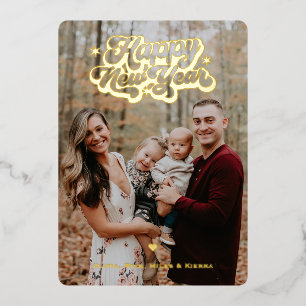 Tarjeta Festiva Con Relieve Metalizado Feliz Año Nuevo 3 Foto Vertical Metálico Dorado