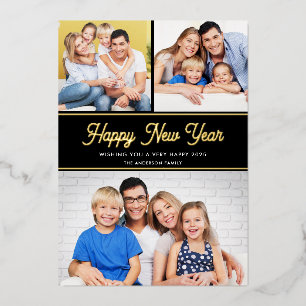 Tarjeta Festiva Con Relieve Metalizado Feliz Año Nuevo 3 Fotos Negro y Dorado