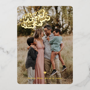 Tarjeta Festiva Con Relieve Metalizado Feliz Año Nuevo 4 Foto Vertical Gold Metallic