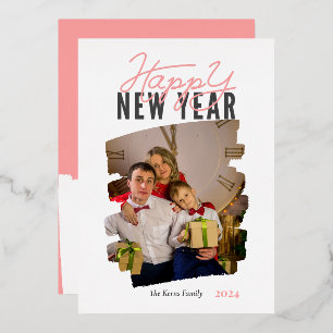 Tarjeta Festiva Con Relieve Metalizado Feliz año nuevo abstracto moderno pincelada rosa