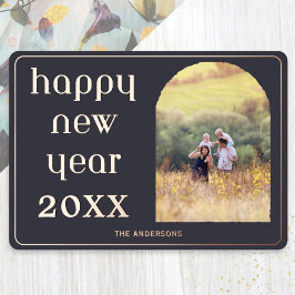 Tarjeta Festiva Con Relieve Metalizado Feliz Año Nuevo Arco de Foto Personalizada