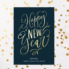 Tarjeta Festiva Con Relieve Metalizado Feliz Año Nuevo Blue Gold Script Negocio moderno