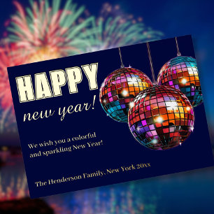 Tarjeta Festiva Con Relieve Metalizado Feliz Año Nuevo Bola de Disco 