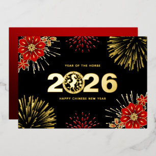 Tarjeta Festiva Con Relieve Metalizado Feliz Año Nuevo Chino de Caballo de Oro Negro