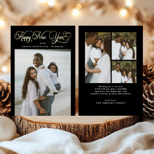 Tarjeta Festiva Con Relieve Metalizado Feliz Año Nuevo Collage de 4 Fotos de Familia Mode