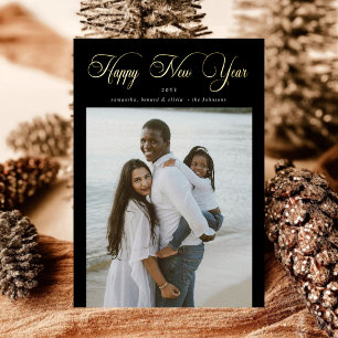 Tarjeta Festiva Con Relieve Metalizado Feliz Año Nuevo Collage de 4 Fotos Familiares Chic