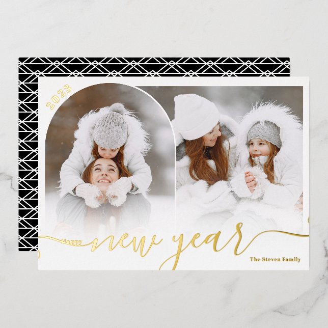 Tarjeta Festiva Con Relieve Metalizado Feliz Año Nuevo coloquio de superposición de arco  (Anverso/Reverso)