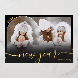 Tarjeta Festiva Con Relieve Metalizado Feliz Año Nuevo coloquio de superposición de arco