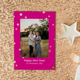 Tarjeta Festiva Con Relieve Metalizado Feliz Año Nuevo con Estrellas Simples y Foto en Ro