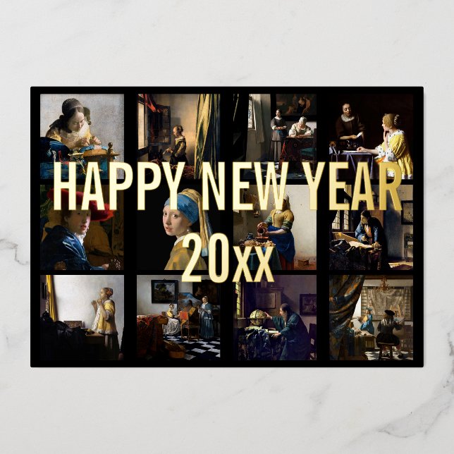 Tarjeta Festiva Con Relieve Metalizado Feliz Año Nuevo con Johannes Vermeer Patchwork (Anverso)