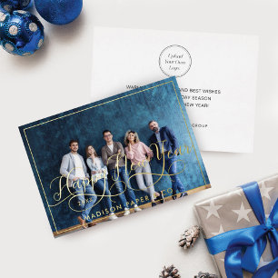 Tarjeta Festiva Con Relieve Metalizado Feliz Año Nuevo Corp Foto comercial y logotipo