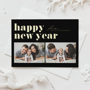 Tarjeta Festiva Con Relieve Metalizado Feliz Año Nuevo Dos Foto Tipografía Retro Negra