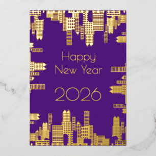 Tarjeta Festiva Con Relieve Metalizado Feliz Año Nuevo - edificios dorados