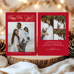 Tarjeta Festiva Con Relieve Metalizado Feliz Año Nuevo Familia Roja 4 Fotografía Collage