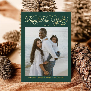 Tarjeta Festiva Con Relieve Metalizado Feliz Año Nuevo Familia Verde Collage de 4 Fotos