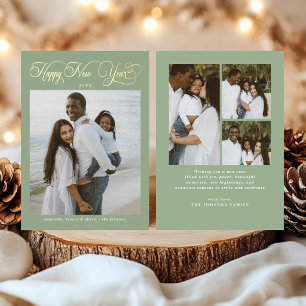Tarjeta Festiva Con Relieve Metalizado Feliz Año Nuevo Familia Verde Sage 4 Fotos Collage