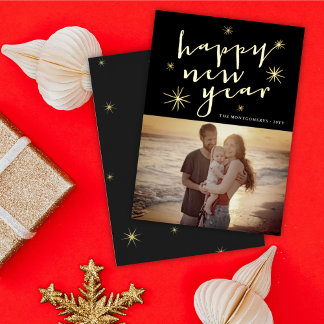 Tarjeta Festiva Con Relieve Metalizado Feliz Año Nuevo Guión Moderno Fotos de Starburst d