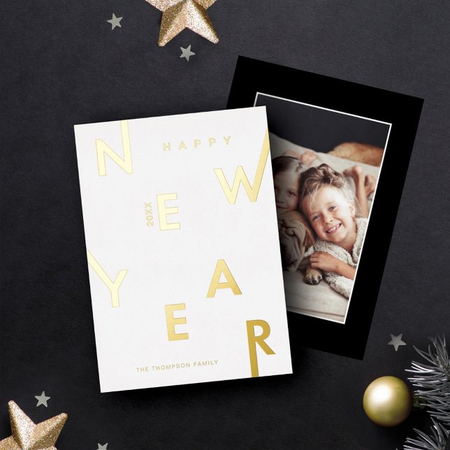 Tarjeta Festiva Con Relieve Metalizado Feliz Año Nuevo Letras Negritas Foto Moderna Mínim (Subido por el creador)