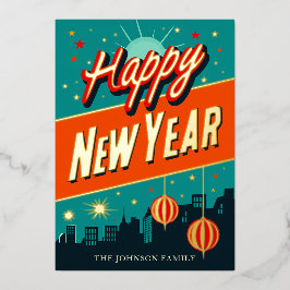 Tarjeta Festiva Con Relieve Metalizado Feliz Año Nuevo Medio Siglo Moderno