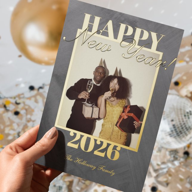 Tarjeta Festiva Con Relieve Metalizado Feliz Año Nuevo Moderno Simple Foto Uno (Send greetings ahead of the new year with this Modern Happy New Year Simple One Photo Foil Card!)