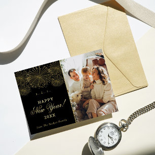 Tarjeta Festiva Con Relieve Metalizado ¡Feliz Año Nuevo! Modernos fuegos artificiales Pho