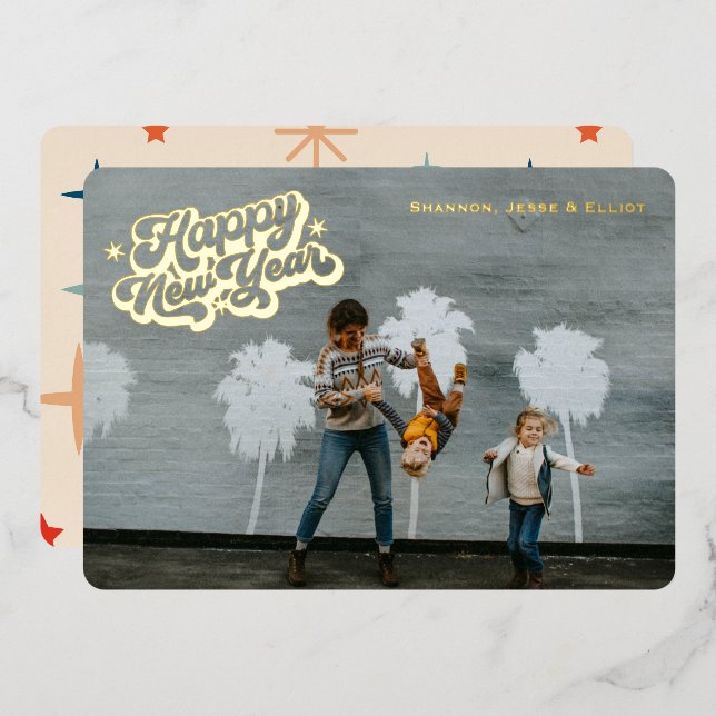 Tarjeta Festiva Con Relieve Metalizado Feliz Año Nuevo Retro Brillo Una Foto Oro (Anverso/Reverso)