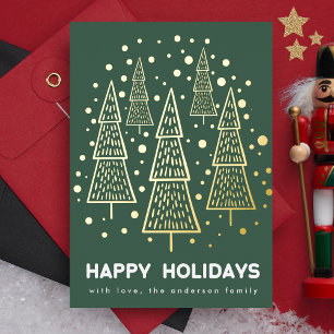 Tarjeta Festiva Con Relieve Metalizado Feliz bosque de pino de Navidad verde esmeralda