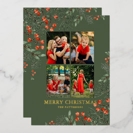 Tarjeta Festiva Con Relieve Metalizado Feliz Collage de fotos navideño acuarela floral