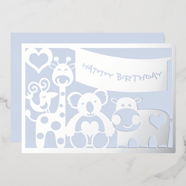 Tarjeta Festiva Con Relieve Metalizado Feliz cumpleaños, animales de bebé (Anverso/Reverso)