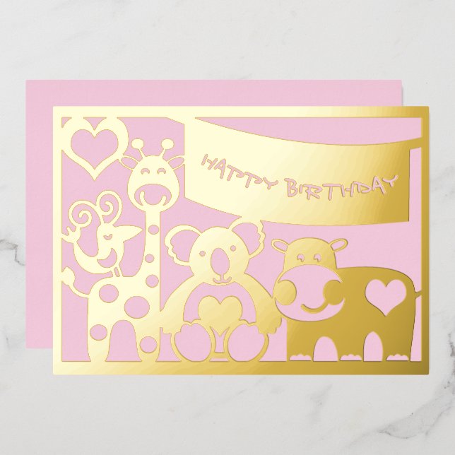 Tarjeta Festiva Con Relieve Metalizado Feliz Cumpleaños Bebé Animales En Relieve metaliza (Anverso/Reverso)