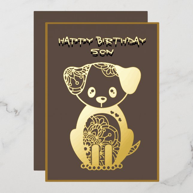 Tarjeta Festiva Con Relieve Metalizado Feliz cumpleaños hijo Relieve metalizado dorado pe (Anverso/Reverso)