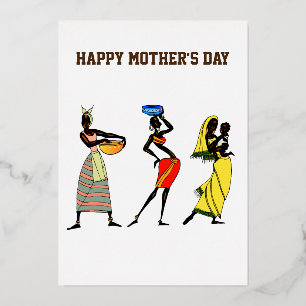 Tarjeta Festiva Con Relieve Metalizado Feliz Día de la Madre Arte Africano Impreso