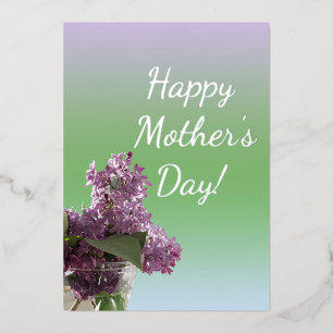 Tarjeta Festiva Con Relieve Metalizado Feliz Día de la Madre con Flores de Lila