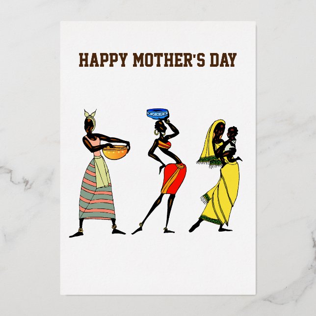 Tarjeta Festiva Con Relieve Metalizado Feliz Día de la Madre Impresión de arte africano (Anverso)