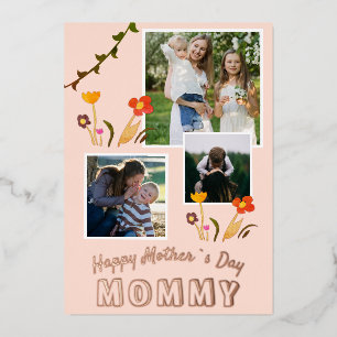 Tarjeta Festiva Con Relieve Metalizado Feliz Día de la Madre Mamá Flor 3 Foto Oro