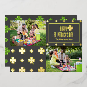Tarjeta Festiva Con Relieve Metalizado Feliz Día de los Patrilleros Shamrocks familia Dos