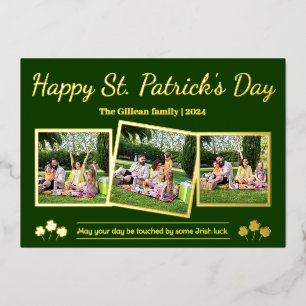 Tarjeta Festiva Con Relieve Metalizado Feliz día de San Patricio familia de los tréboles 