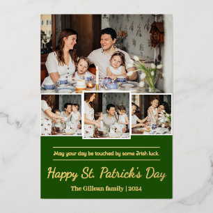 Tarjeta Festiva Con Relieve Metalizado Feliz día de San Patricio foto familiar de trébole
