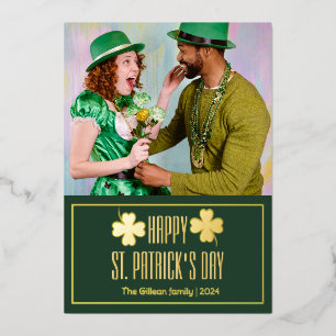 Tarjeta Festiva Con Relieve Metalizado Feliz día de San Patricio foto familiar de trébole