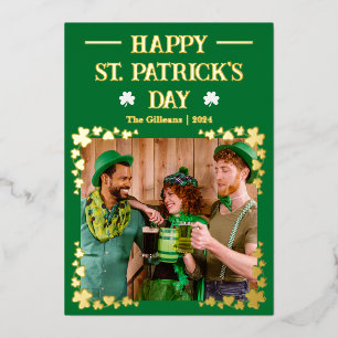 Tarjeta Festiva Con Relieve Metalizado Feliz día de San Patricio Foto familiar de trébole