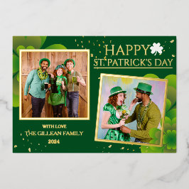 Tarjeta Festiva Con Relieve Metalizado Feliz día de San Patricio foto familiar de trébole