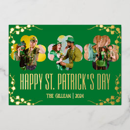 Tarjeta Festiva Con Relieve Metalizado Feliz día de San Patricio foto familiar de trébole
