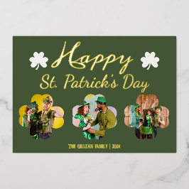 Tarjeta Festiva Con Relieve Metalizado Feliz día de San Patricio Shamrocks foto familiar